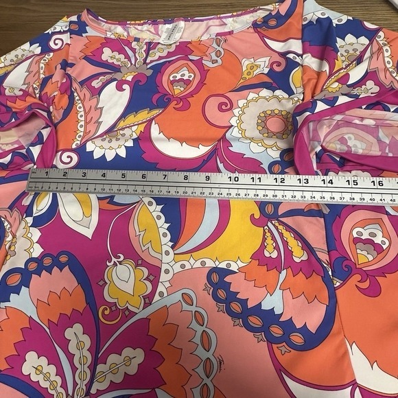 Trina‎ Turk Kaftan Tunic Dress Psychedelic Floral Print Pink Blue Orange M Beach - Picture 10 of 11